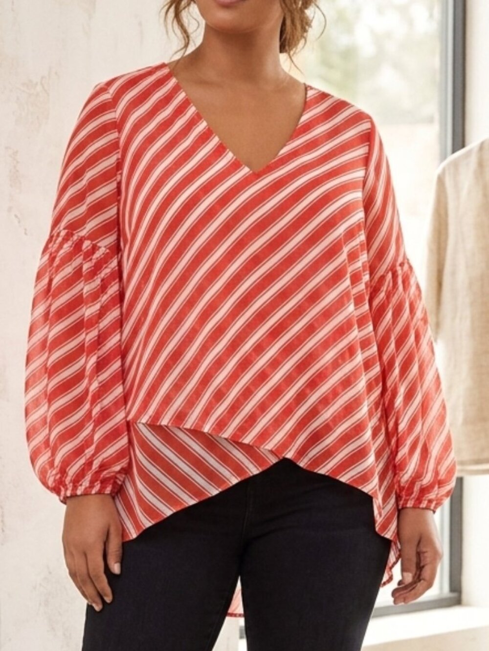 Vince Camuto Rust White Diagonal Stripe Balloon Sleeve V-Neck Blouse Size XL